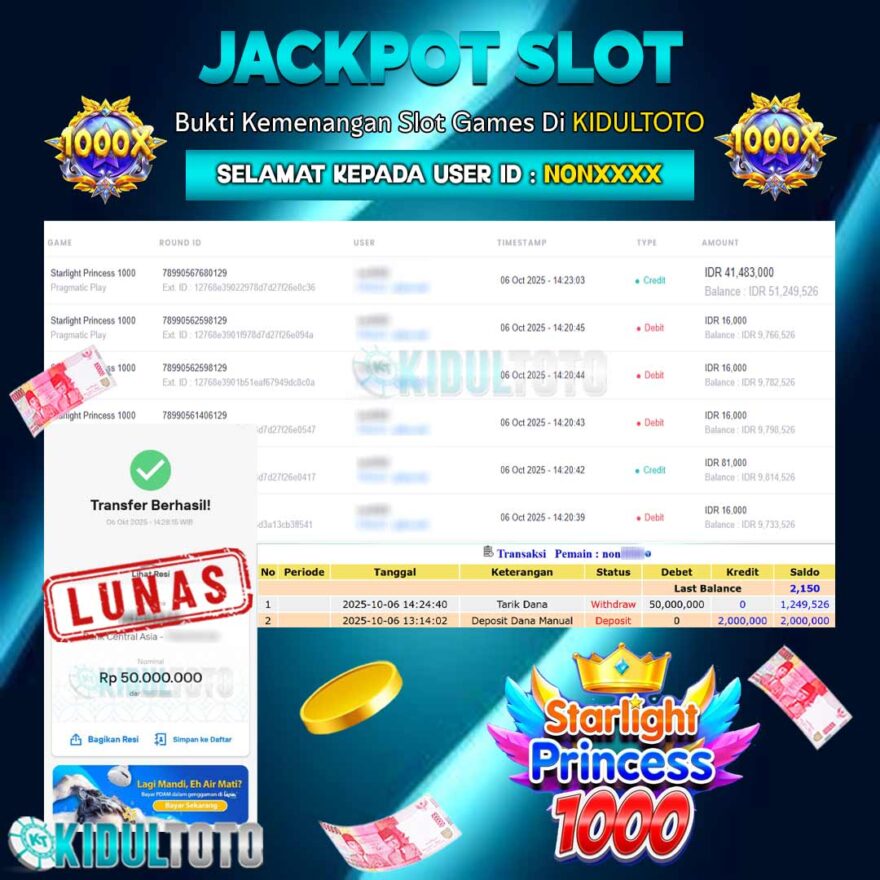 User NON***** Menang Besar senilai Rp 50.000.000