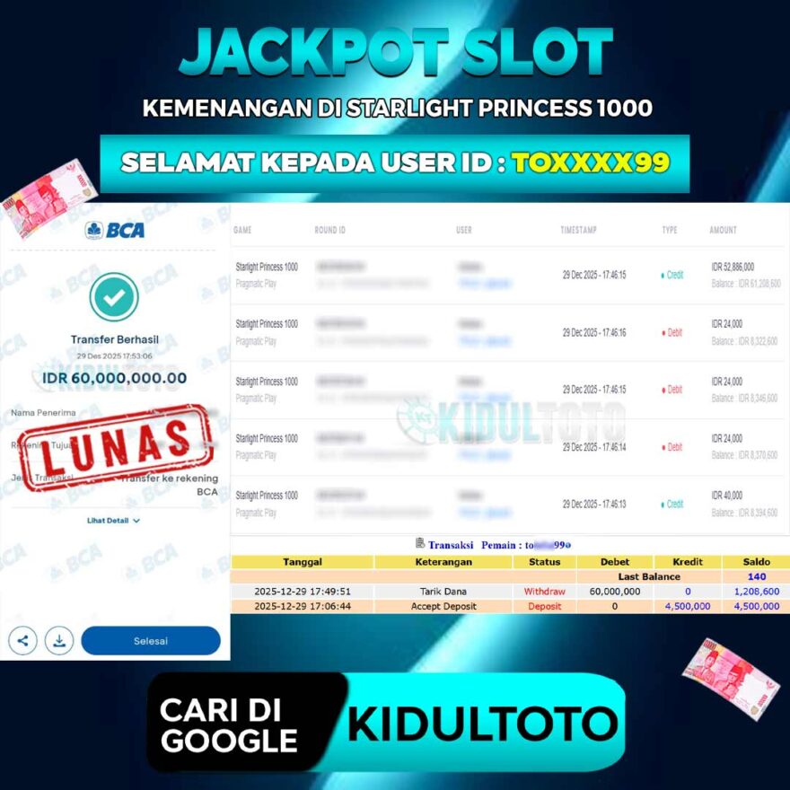 User TO****99 Menang Besar senilai Rp 60.000.000